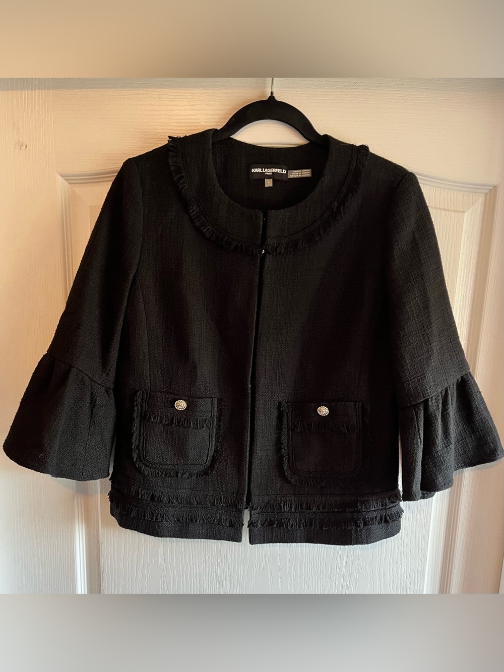 Karl Lagerfeld Paris Tweed Fringe Bell Sleeve Jacket - Picture 3 of 6